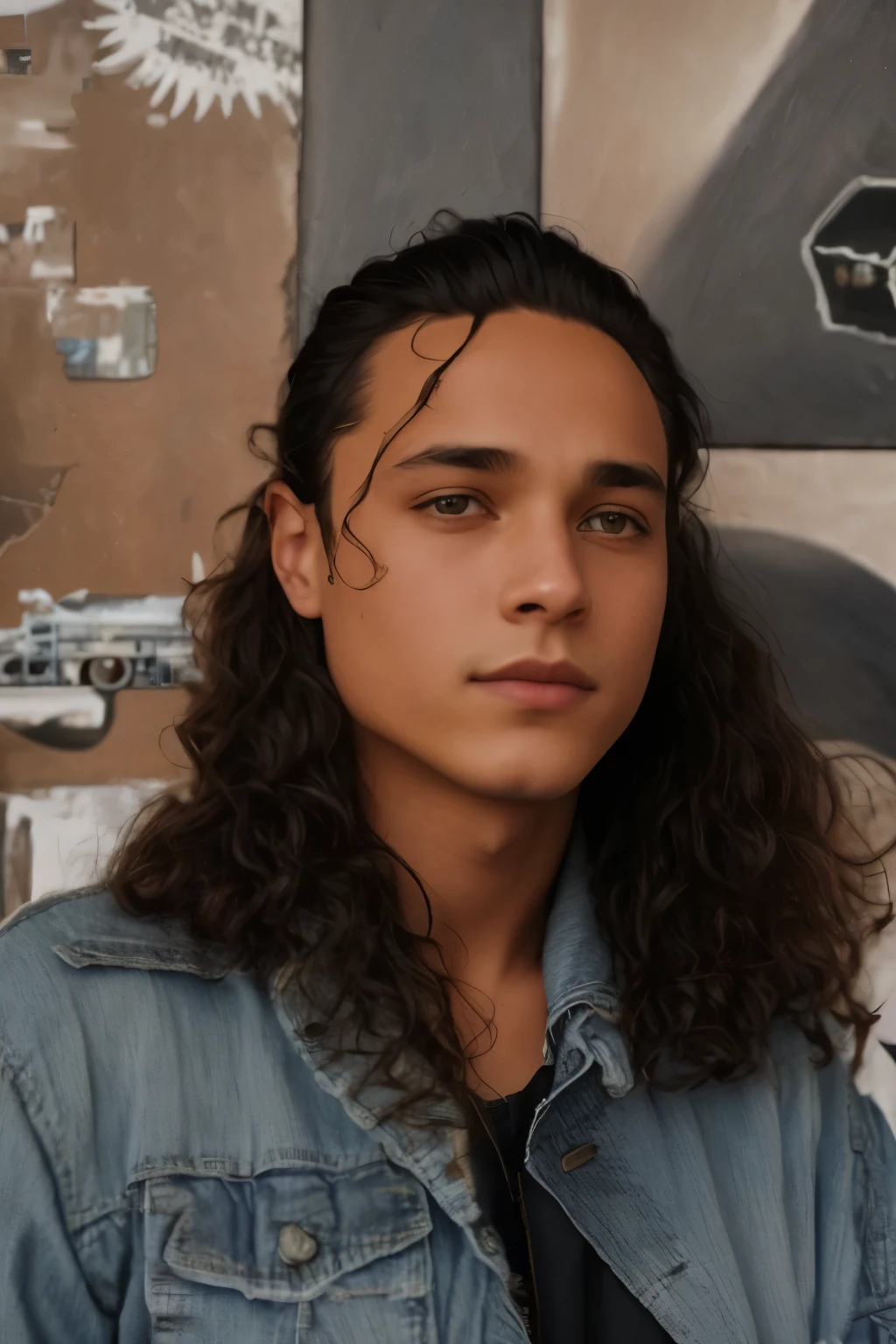 there a woman standing in front of a wall with a cell phone, young with long hair, tommy 1 6 years old, frank dillane, beautiful young prince, frank dillane as puck, a black man with long curly hair, 1 9 8 0 s mullet haircut, profile photo, julian calle, frank dillane as a satyr, with long curly hair, wearing blue jean jacket,