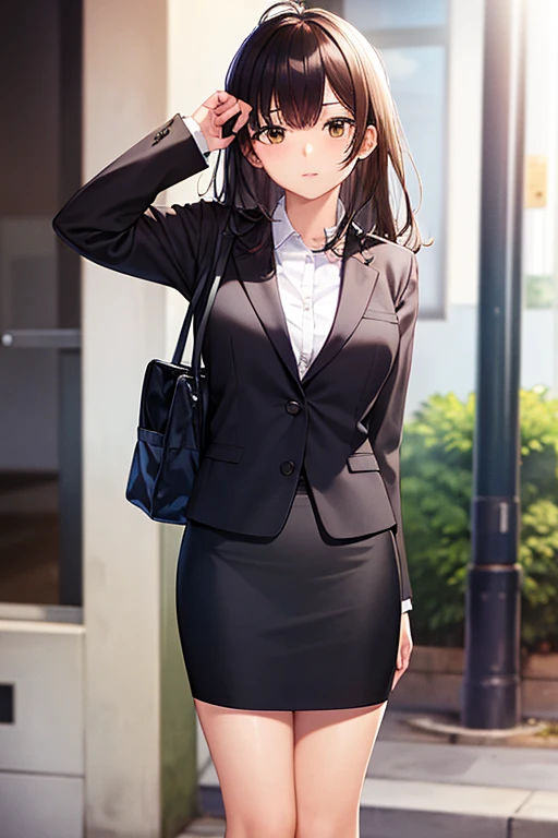 1girl, sayu ogiwara, suit, office lady, black skirt, black blazer, pencil skirt, long skirt, white shirt, collared shirt, long hair, teenager, looking at viewer, full body