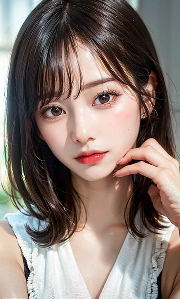 (8k, RAW photo, photorealistic: 1.25), (lip gloss, eyelashes, shiny face, shiny skin, best quality, ultra-high resolution, depth of field, chromatic aberration, caustics, wide range of lighting, Natural shading, Kpop idol) looking at the viewer with a calm and goddess-like happiness,