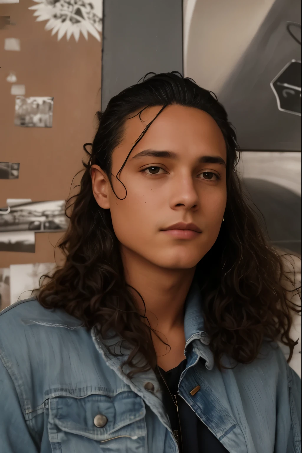 there  a woman standing in front of a wall with a cell phone, young with long hair, tommy 1 6 years old, frank dillane, beautiful young prince, frank dillane as puck, a black man with long curly hair, 1 9 8 0 s mullet haircut, profile photo, julian calle, frank dillane as a satyr, with long curly hair, wearing blue jean jacket,