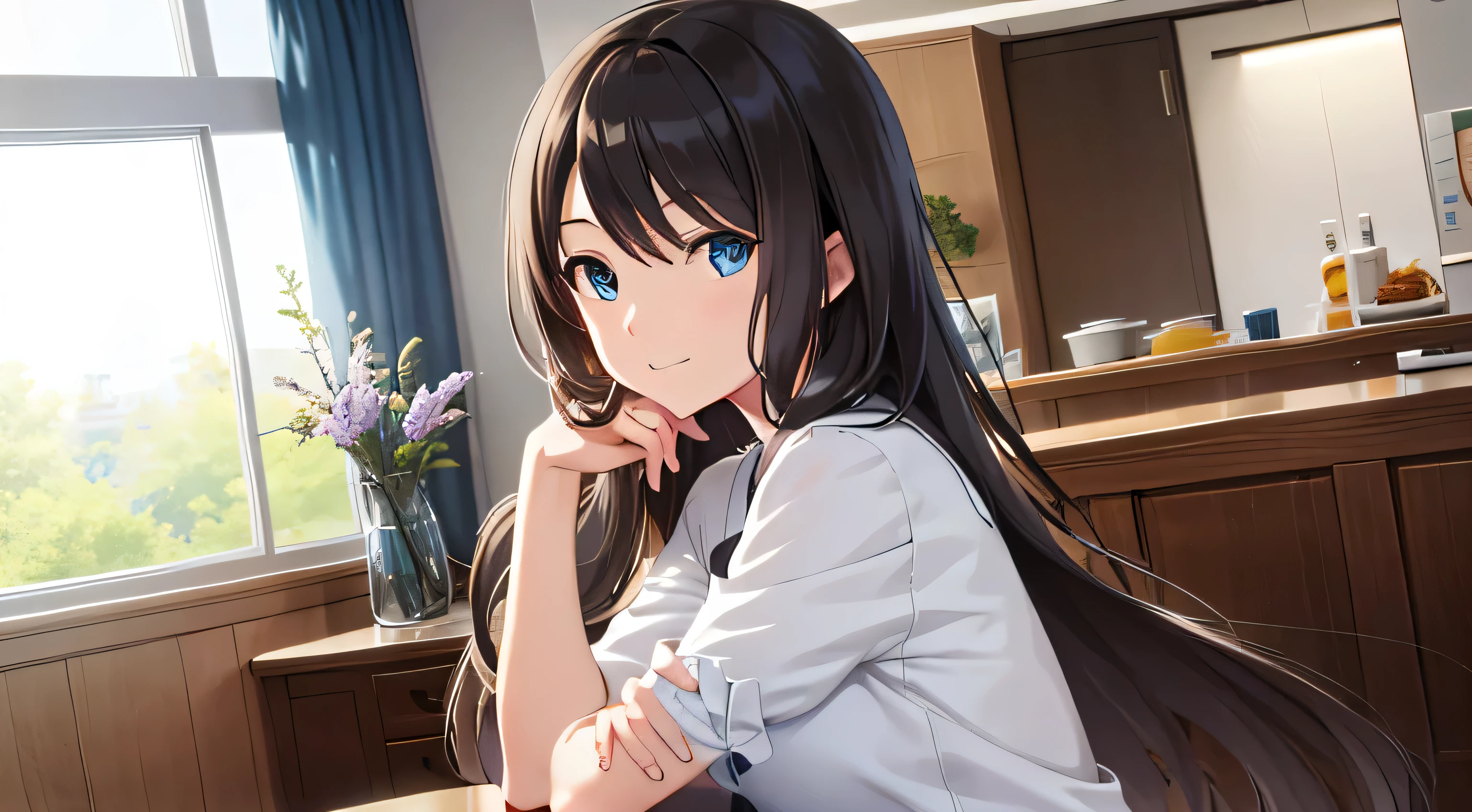 Eki Kawahara, long hair, black hair, ahoge, blue eyes, small breast, medium skirt, casual clothes, smiling, standing, waiting, BREAK looking at viewer, BREAK indoors, movie theatre, BREAK (masterpiece:1.2), best quality, high resolution, unity 8k wallpaper, (illustration:0.8), (beautiful detailed eyes:1.6), extremely detailed face, perfect lighting, extremely detailed CG, (perfect hands, perfect anatomy),