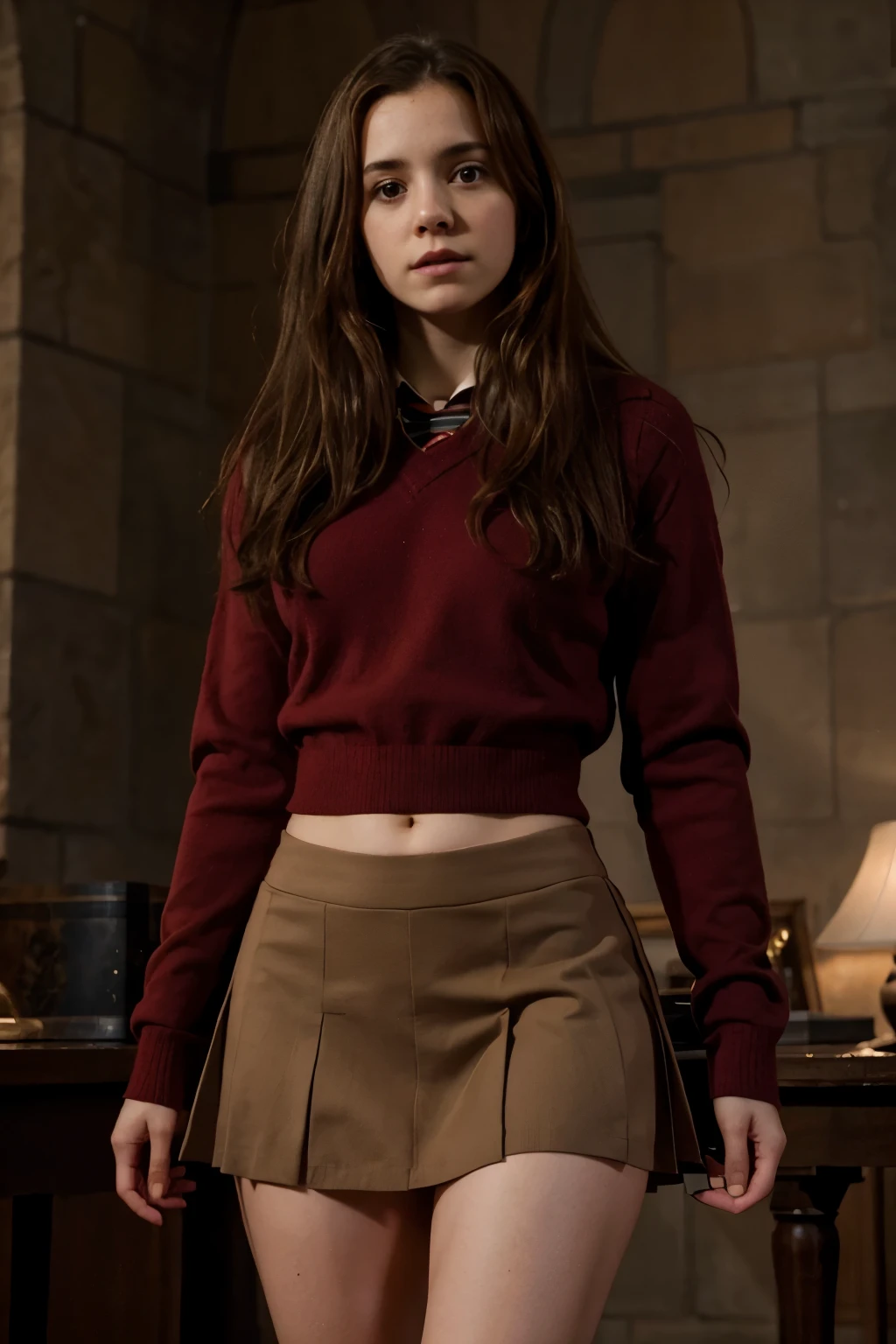 hermione granger, sexy, Howarts, skirt, piernas abiertas, dark red sweater, abdomen