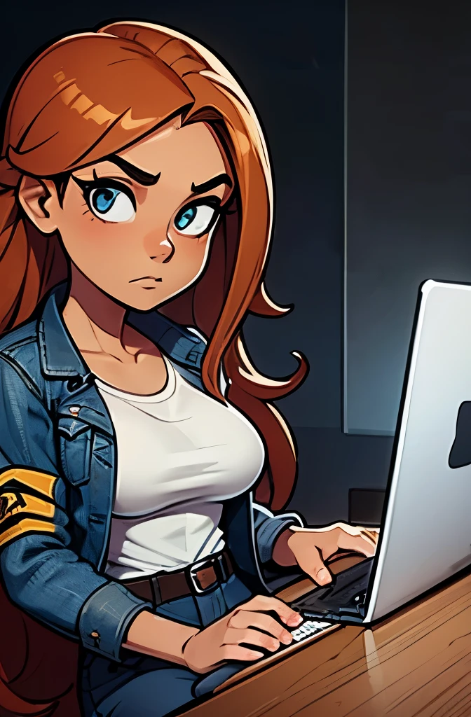 1girl, cowboy shot, sitting in front of desk, laptop on desk, facing laptop, frightened expression, very long wavy hair, sidelocks, auburn hair, hazel eyes, tan skin, makeup, petite, large breasts, BLACK denim jacket, white t-shirt, high waist black skinny jeans, shirt tucked into jeans, ankle boots, background music studio