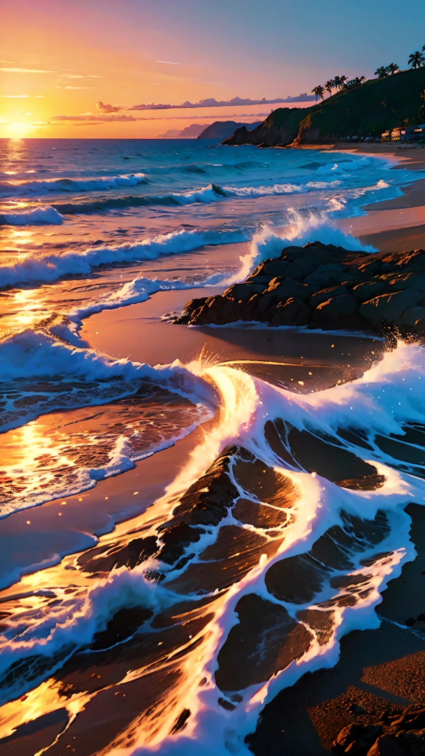 ocean waves crashing, golden sunset, vibrant orange and pink hues, fluffy clouds, sparkling reflections, tranquil atmosphere, serene mood, distant ships, palm trees swaying in the breeze, seagulls soaring, sandy beach, gentle waves lapping the shore, peaceful horizon, endless expanse of water, breathtaking views, captivating beauty. (best quality, highres, ultra-detailed, professional), (seaside painting, landscape art, HDR photography:1.1), vivid colors, soft lighting.