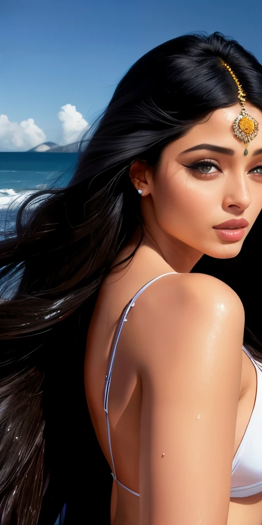 Best quality, masterpiece, ultra high res, (photorealistic:1.4), raw photo, Aishwarya Rai with long black hair, DARK hair, shiny skin, WET BODY, dramatic lighting, full body, , micro bikini, huge breasts, waist long hair, girl with super long hair, extremely long hair, extra long hair, very long hair, long hairs, very long black hair, very long flowing hair, long hair, pretty long hair, south east asian with long, long hair!!!!