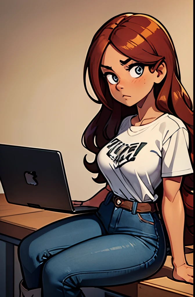 1girl, cowboy shot, sitting in front of desk, laptop on desk, facing laptop, frightened expression, very long wavy hair, sidelocks, auburn hair, hazel eyes, tan skin, makeup, petite, large breasts, black denim jacket, white t-shirt, high waist black skinny jeans, shirt tucked into jeans, ankle boots, background music studio