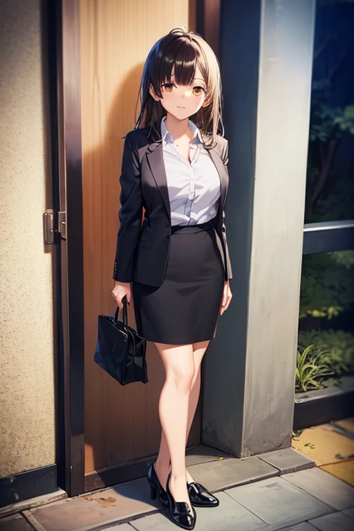 1girl, sayu ogiwara, suit, office lady, black skirt, black blazer, pencil skirt, long skirt, white shirt, collared shirt, long hair, teenager, looking at viewer, full body