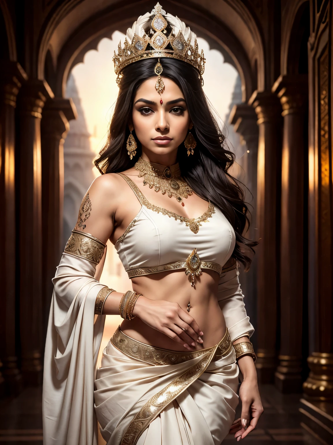 Portrait, a beautiful indian queen, classic, ultra detailed body, ultra detailed face, long pony hair, walking on a city street, white saree, medieval city buildings, medieval times, perfect anatomy, sexy, charming, majestic, tattooed hands, ultra quality, body parts, ambient lighting, ultra detailed 17th century city background, dark cloudy sky, volumetric fog, 8k