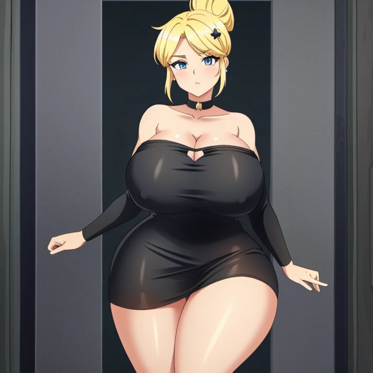 Best quality, 1 girl, piper, Neutral face, yellow hair, hair in a bun, black bodycon dress, one shoulder cleavage, Blue eyes, posing, I look at the viewer, Park von, anime, gigantic breasts, (BEReaction), wide hips