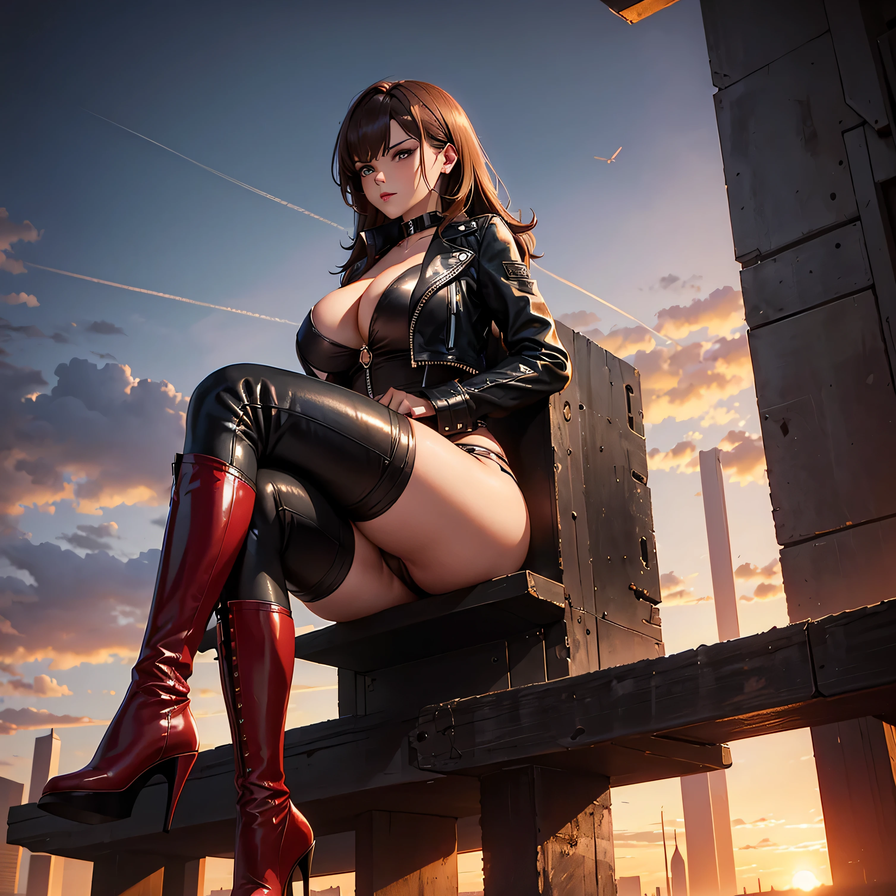 one woman, brown hair to shoulders, big breast, furutistic torn black revealing clothes with red details, high boots with heels, black short leather jacket, villain, sitting pose, can be nsfw, pic above from knees, with futuristic city background in the sunset, two legs only