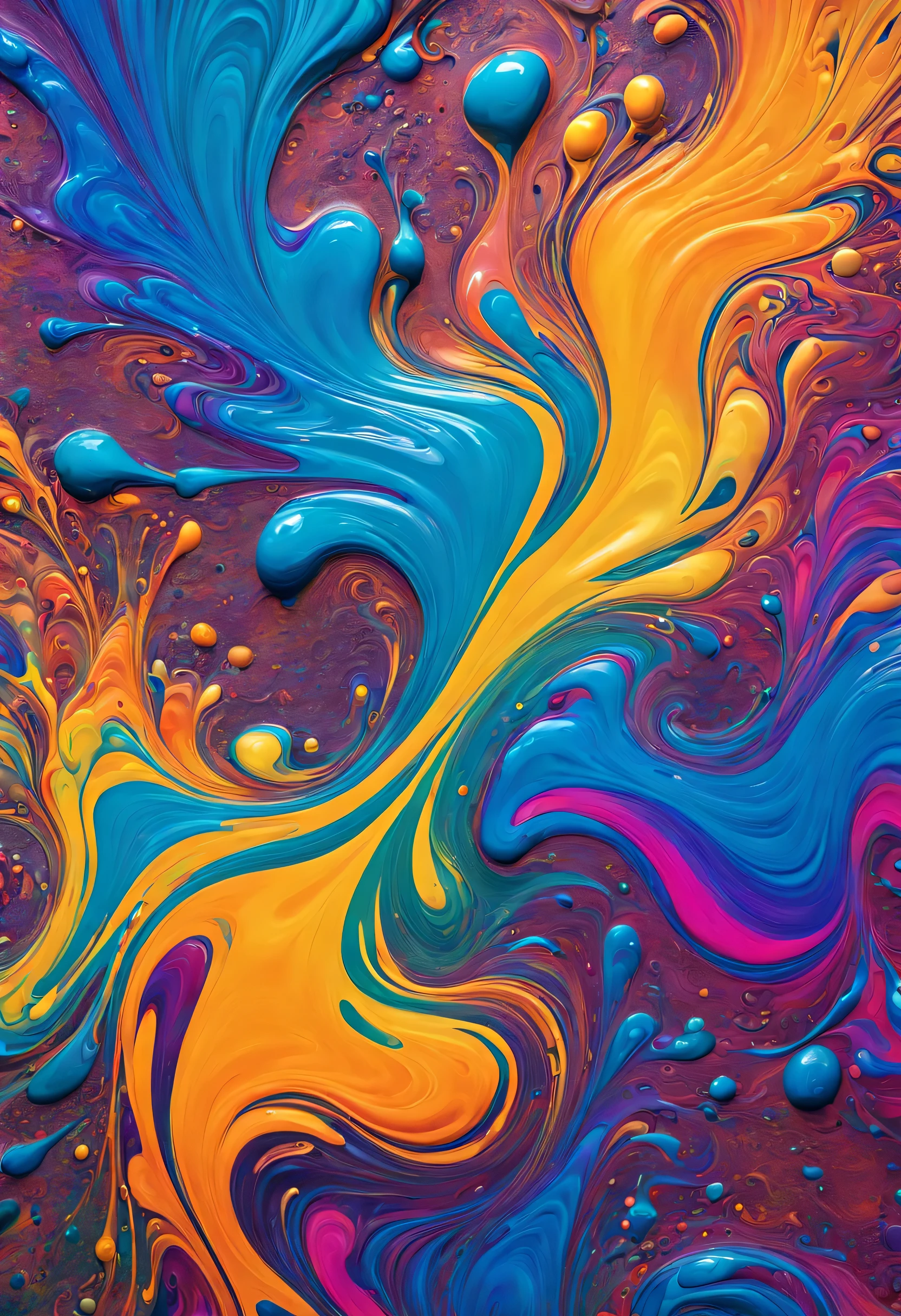 A beautiful and psychedelic, multi-colored liquided flashy paint, very textured and beautiful multi-swirl splashing on a wall
