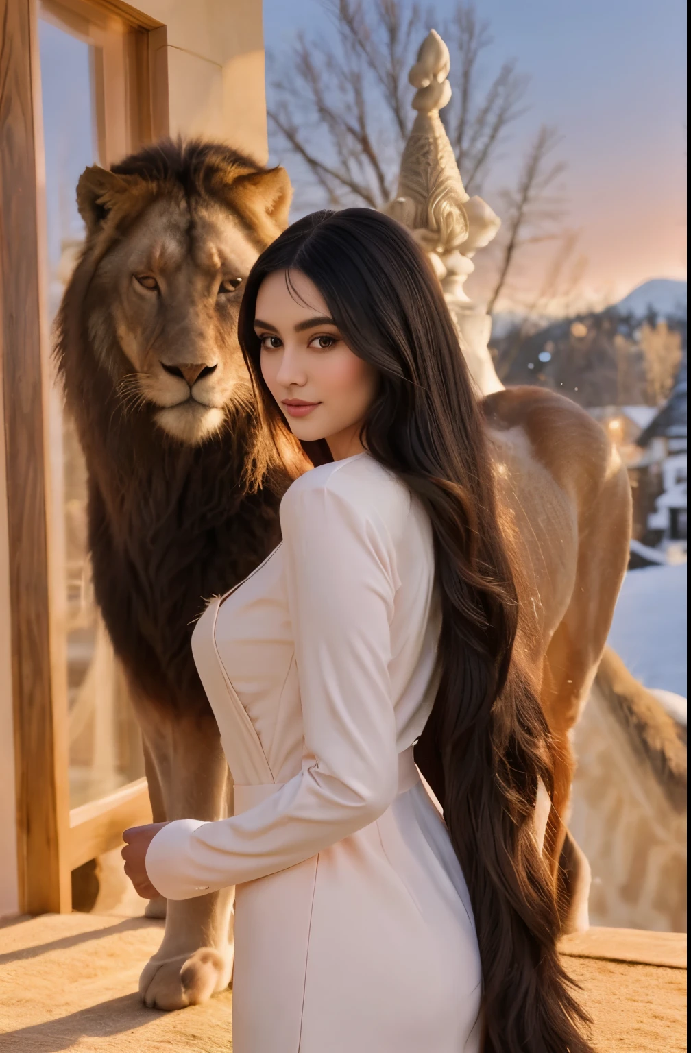 "A stunning scene captures a dark-haired woman, dressed in elegant attire, standing beside a majestic lion. The soft twilight light highlights every detail of the lion's fur, while the woman's serene expression reveals a unique connection with the animal. The surrounding environment conveys serenity and mutual respect between the two beings. The scene is so realistic it seems like a photograph, showcasing the beauty and strength of these two beings in harmony."