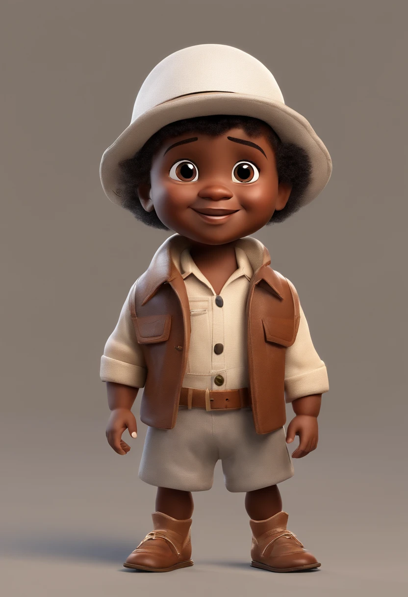 Pixar style 3d child 10 months with dark brown skin color in chubby and happy fisherman outfit