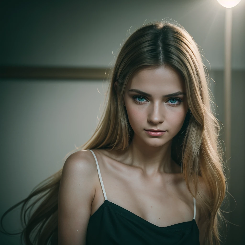 (Best quality, Ultra detailed, Golden ratio, Masterpiece:1.2), Theatrical lighting:0.7, Photo of a woman, Russian woman named Nastya Rostova, dressed in jeans and white t-shirt, Perfect face, (Highly detailed skin), randomly dyed hair, skin texture, Pale skin, shiny skin, (thin, large size:1.2), [:(Sharp focus on rare face, perfect eyes:1.2):0.2], photorealistic, film grain, look at camera, Focus on face, Stockings, Smile with corners of mouth raised, disdainful expression, summer haze, muted colors, muted warm colors, Photo cinematic, cinematic, (tilted:1.3) (party with friends) look cautious, under a spotlight, volumetric dust clouds, key light, backlight, soft natural lighting, photography Film grain ISO 400 30 mm lens RAW f1.8 aperture, highly detailed (analog photography:1), colors hdr