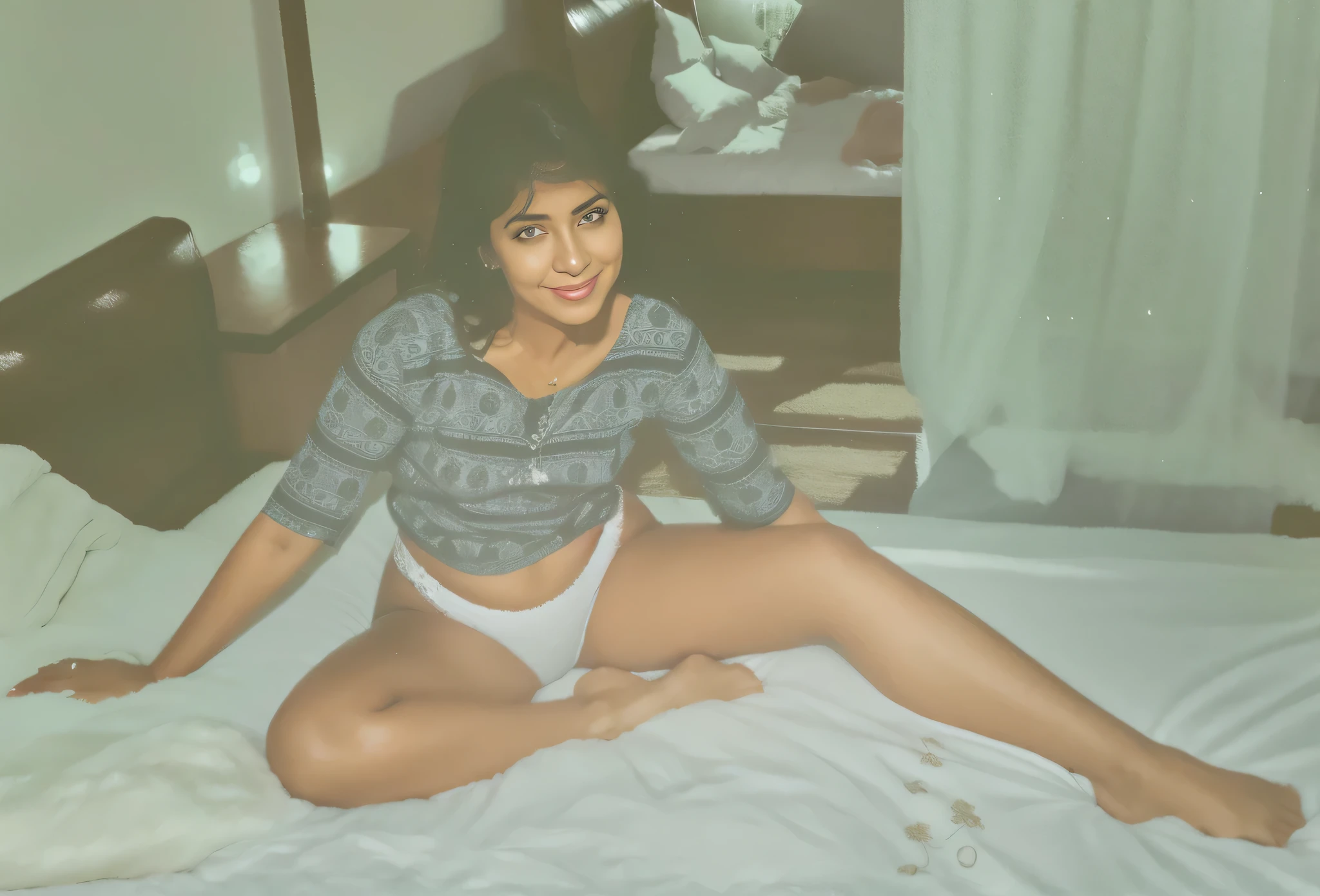 There is a Brazilian woman, branca, sentada em uma cama de biquini branco, posando em um quarto, em seus primeiros 30 anos, posando na cama, enquanto posava na mesma cama. high quality, high resolution, masterpiece, 8k.