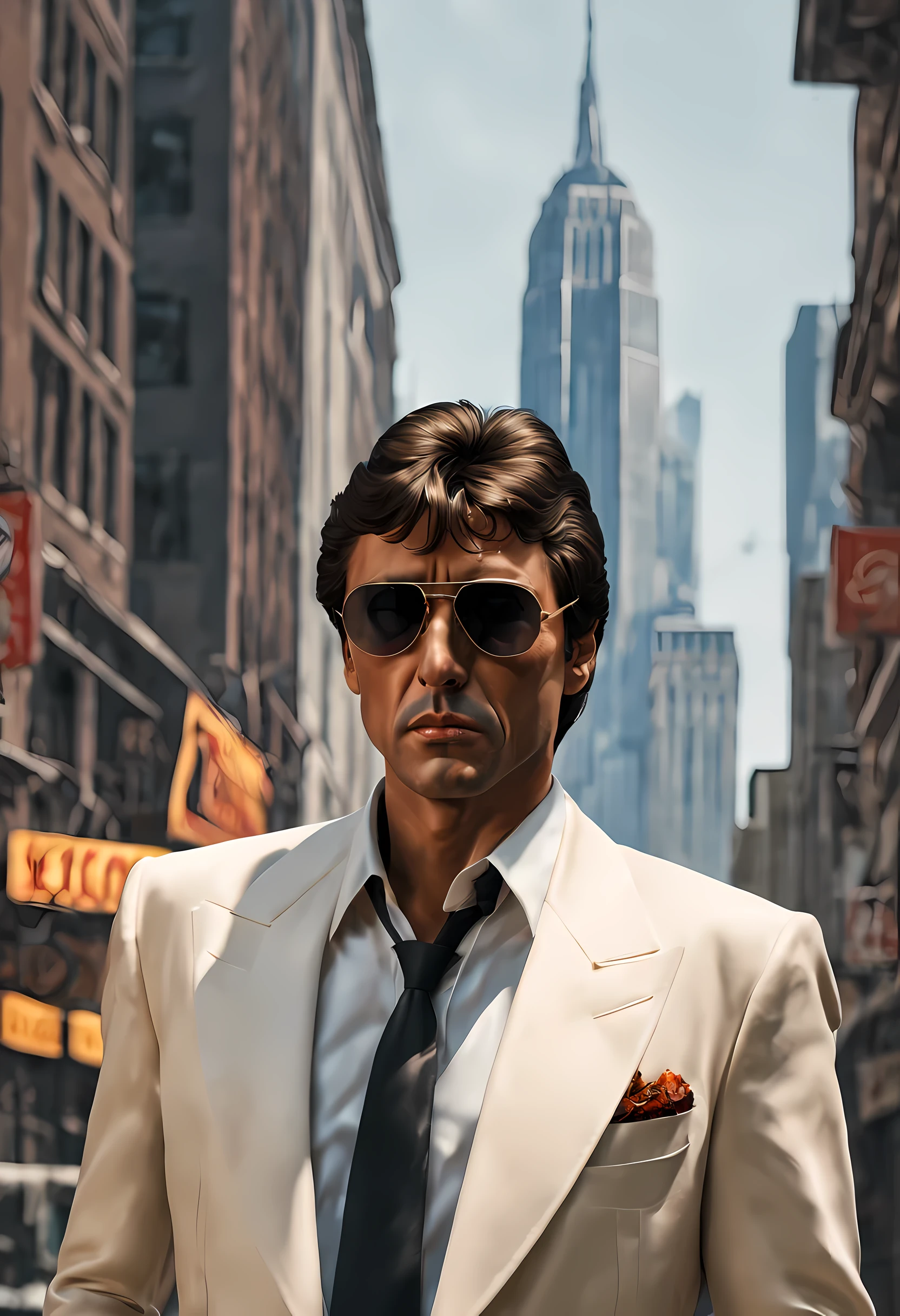 (best quality,4k,8k,highres,masterpiece:1.2), ultra-detailed, (realistic,photorealistic,photo-realistic:1.37), a poster of Tony Montana, 1980s style clothing, the background with the Twin Towers in the year 1992, vibrant colors, dynamic lighting, digital artwork, iconic pose, gritty atmosphere, cinematic composition, retro vibes, vintage aesthetics, intricate details, sharp focus, intense gaze, stylish sunglasses, slicked-back hair, tailored suit, power stance, smoking cigar, iconic scarface, film noir influence, urban setting, bustling cityscape, iconic skyline, nostalgic feel, dramatic shadows, iconic symbol, historical reference, art deco architecture, vivid neon lights.