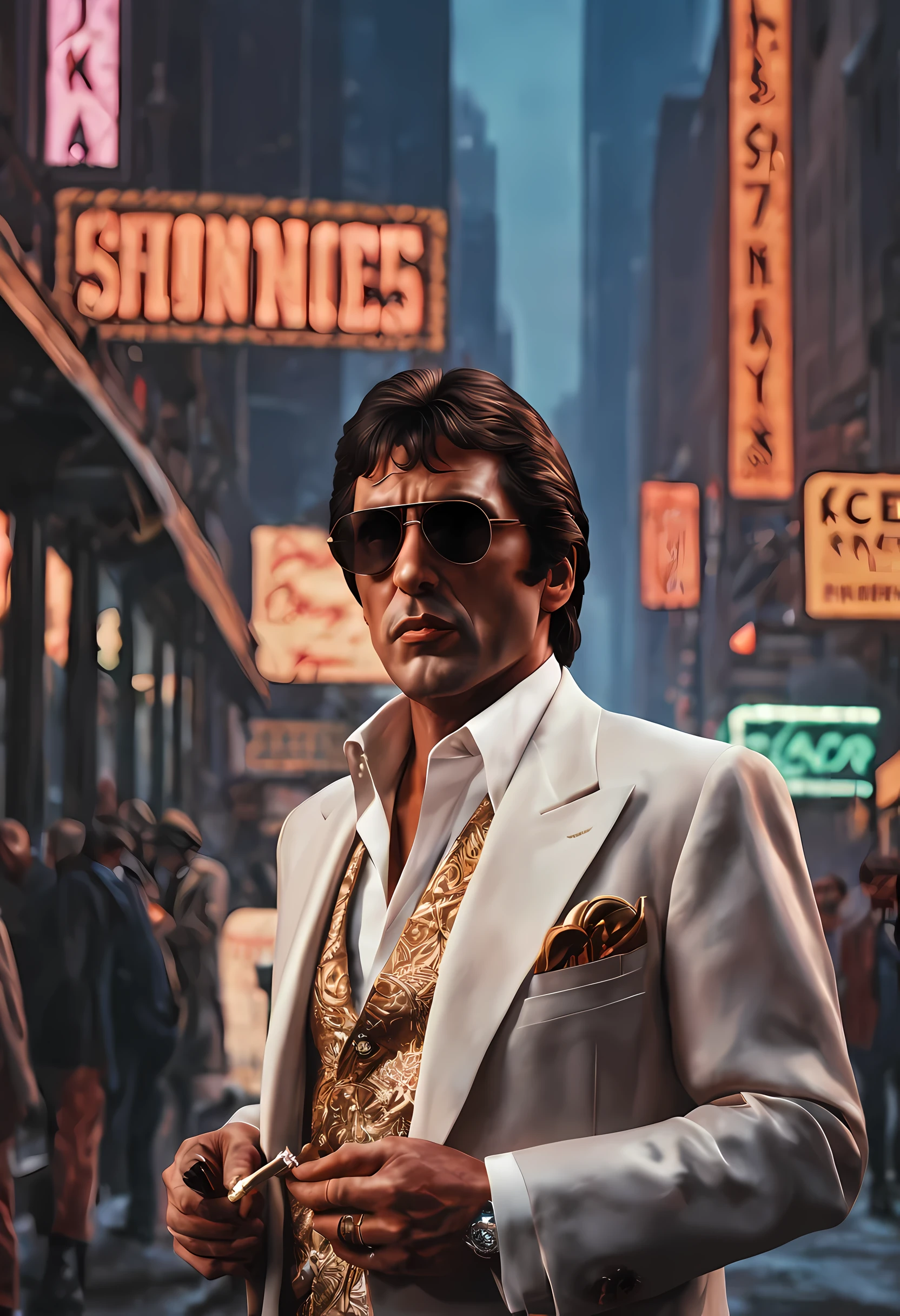 (best quality,4k,8k,highres,masterpiece:1.2), ultra-detailed, (realistic,photorealistic,photo-realistic:1.37), a poster of Tony Montana, 1980s style clothing, the background with the Twin Towers in the year 1992, vibrant colors, dynamic lighting, digital artwork, iconic pose, gritty atmosphere, cinematic composition, retro vibes, vintage aesthetics, intricate details, sharp focus, intense gaze, stylish sunglasses, slicked-back hair, tailored suit, power stance, smoking cigar, iconic scarface, film noir influence, urban setting, bustling cityscape, iconic skyline, nostalgic feel, dramatic shadows, iconic symbol, historical reference, art deco architecture, vivid neon lights.