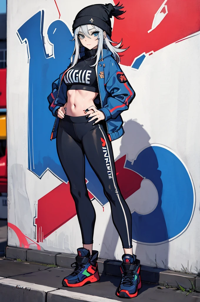 (masterpiece:1.2, best quality), (graffiti wall:1.15), 1lady, beanie, jacket, Leggings, blue eyes, fullbody,