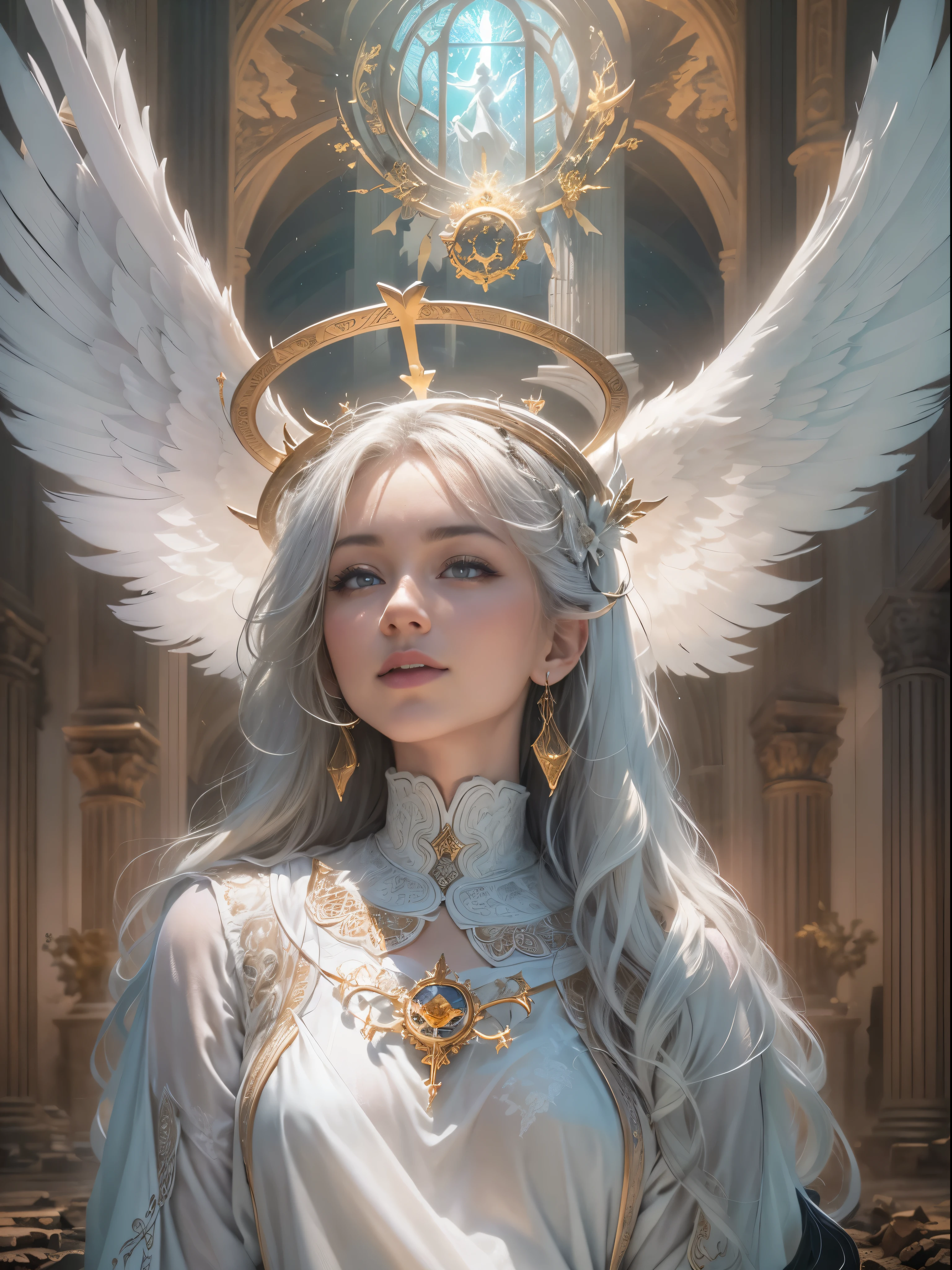 Archangel Michael、The Four Archangelasutepiece,Best Quality,ultra-detailliert,hight resolution,hight resolution,4K,Portrait in 4K,8K,8K Portrait,Unity 8k壁纸,extremely details CG,Realistic,Raw photo,Real person,a portrait photo of,Photorealistic,Shiny skin,Detailed skin,(Numerous award-winning masterpieces, with incredible detail, textures and maximum detail), ((full-body standing image)), (hyper realistic:1.4), (realistic:1.3), (upper body up:0.3), (best quality real texture skin), (finely detailed true circle Symmetrical eyeinely drawn beautiful face,) (ring of divine brilliance above the head:1.5), ((medieval world)), ((((black angel of the Lord, white angel of the Lord)))), ((Full-length portrait)), (Beautiful kind eyes), (She has a mischievous smile on her face), (Beautifully colored eyes filled with compassion), Shining majestic cloud masses and sky, (halo optical phenomenon), (Angels dancing in the background), (Dramatic Light), (majestic sight), (Her expression serene full of tenderness and very beautiful), ((Large wings with pure white feathers behind the shoulderolded wings))), Glass earrings on the ears, (((dramatic photo))), (twilight), (sunset), (dusk), (Sacred Pose), (golden hair), (silver hair), (chestnut hair), Short cut hair, ((looks up)), ((looking down)), ((gives full-body standing image)), (Around her neck a necklace of exquisite workmanship), Old ruins infested with plants, great temple, great cathedral, temple ruins, detached temple, (Luminous magic circle), Ruins of an ancient castle, Deserted ruins, crumbling ruins, Ancient ruins with clear water, wavelets, running water, Sacred Light, epic realistic, ((neutral colors)), (hdr:1.5), (muted colors:1.2), hyper detailed, cinematic, warm lights, dramatic light, (intricate details:1.1), complex background,