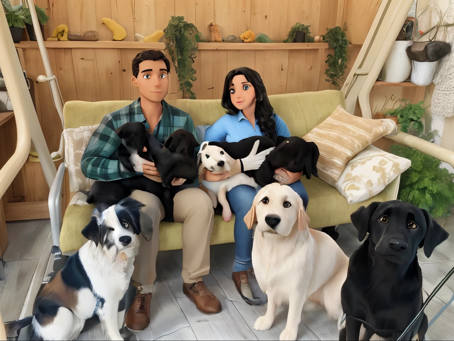 Hombre y mujer con 6 cachorros labrador negros, 1 cachorro labrador blanco, 1 border collie, 1 golden retriever y 1 labrador negro