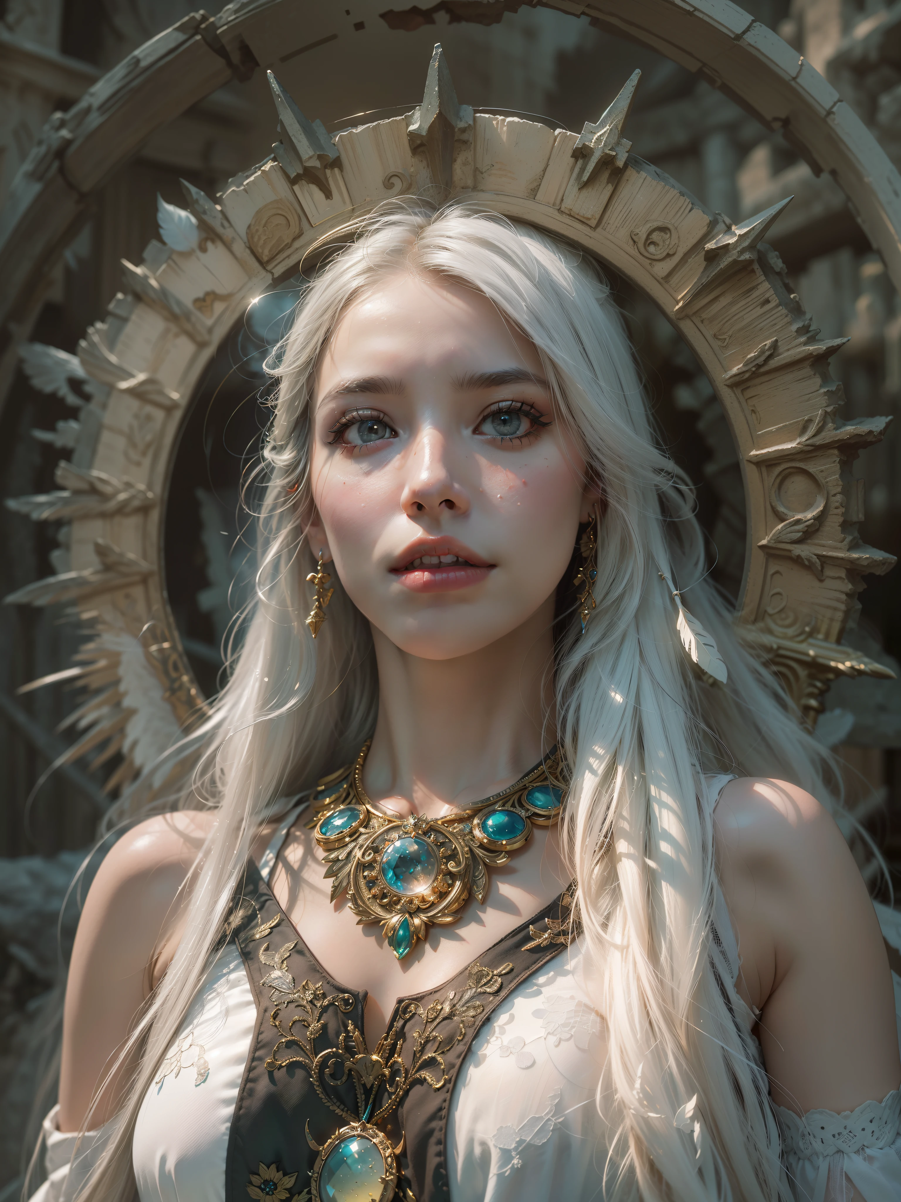 (Numerous award-winning masterpieces, with incredible detail, textures and maximum detail), ((full-body standing image)), (hyper realistic:1.4), (realistic:1.3), (upper body up:0.3), (best quality real texture skin), (finely detailed true circle Symmetrical eyeinely drawn beautiful face,) (ring of divine brilliance above the head:1.5), ((medieval world)), ((((black angel of the Lord, white angel of the Lord)))), ((Full-length portrait)), (Beautiful kind eyes), (She has a mischievous smile on her face), (Beautifully colored eyes filled with compassion), Shining majestic cloud masses and sky, (halo optical phenomenon), (Angels dancing in the background), (Dramatic Light), (majestic sight), (Her expression serene full of tenderness and very beautiful), ((Large wings with pure white feathers behind the shoulderolded wings))), Glass earrings on the ears, (((dramatic photo))), (twilight), (sunset), (dusk), (Sacred Pose), (golden hair), (silver hair), (chestnut hair), Short cut hair, ((looks up)), ((looking down)), ((gives full-body standing image)), (Around her neck a necklace of exquisite workmanship), Old ruins infested with plants, great temple, great cathedral, temple ruins, detached temple, (Luminous magic circle), Ruins of an ancient castle, Deserted ruins, crumbling ruins, Ancient ruins with clear water, wavelets, running water, Sacred Light, epic realistic, ((neutral colors)), (hdr:1.5), (muted colors:1.2), hyper detailed, cinematic, warm lights, dramatic light, (intricate details:1.1), complex background,