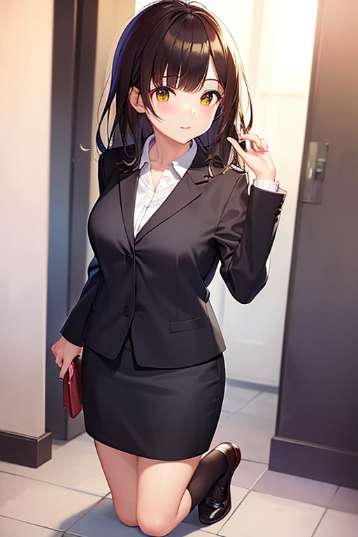 1girl, sayu ogiwara, suit, office lady, black skirt, black blazer, pencil skirt, long skirt, white shirt, collared shirt, long hair, teenager, looking at viewer, full body