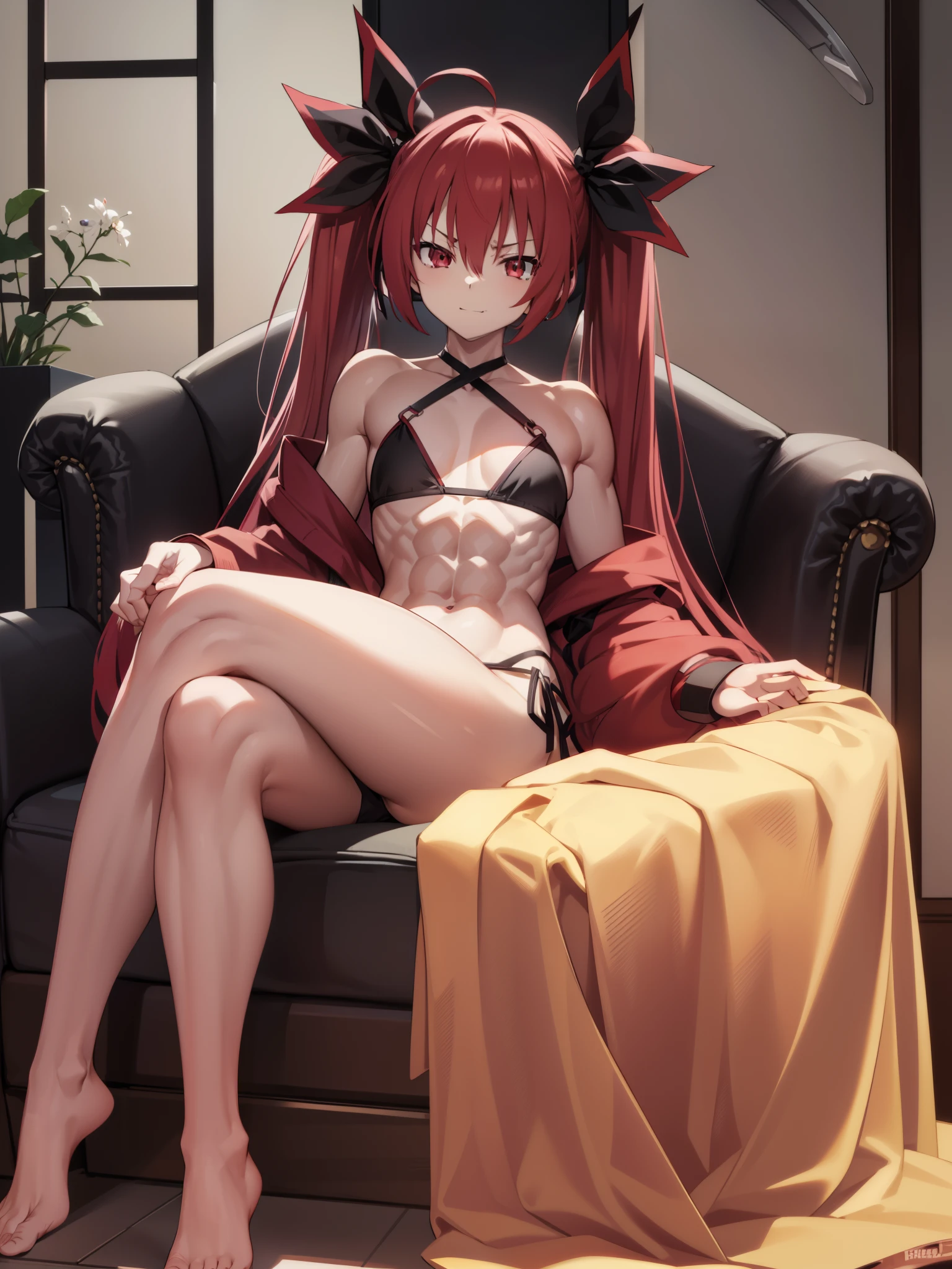 Kotoriitsuka, Kotori Itsuka, long hair, (red eyes: 1.5), red hair, Ahoge, (flat chest: 1.2),
break (wearing a very sexy short bikini), twintails, hair ribbon, black ribbon, tie, muscular thighs, well defined body, muscular belly,
break looking at the viewer, (sitting:1,5), throne, from below, smile, angry, chair, arms crossed,
Break-in inside the house,
break (masterpiece: 1.2), best quality, highest resolution, Unity 8k wallpaper, (插圖: 0.8), (beautiful detailed eyes: 1.6), extremely detailed face, perfect lighting, extremely detailed CG, (perfect hands , perfect anatomy),