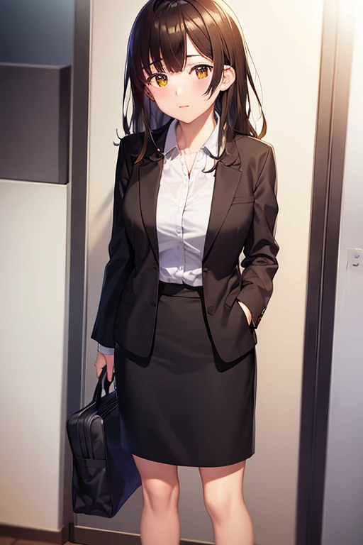 1girl, sayu ogiwara, suit, office lady, black skirt, black blazer, pencil skirt, long skirt, white shirt, collared shirt, long hair, teenager, looking at viewer, full body