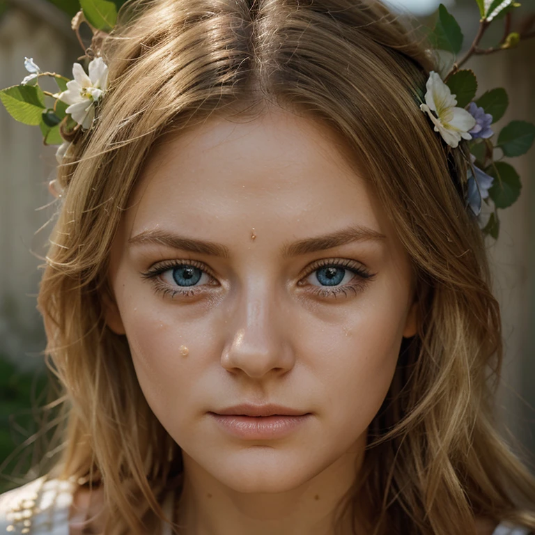 top quality, woman, hard light, blonde hair, blue eyes, sorrow, crying, strong light, light from left side, in garden, flowers around face, shadows around head, leaves on top of head, ultra realistic, face portrait, detailed eyes, flowers, beautiful, super realistic