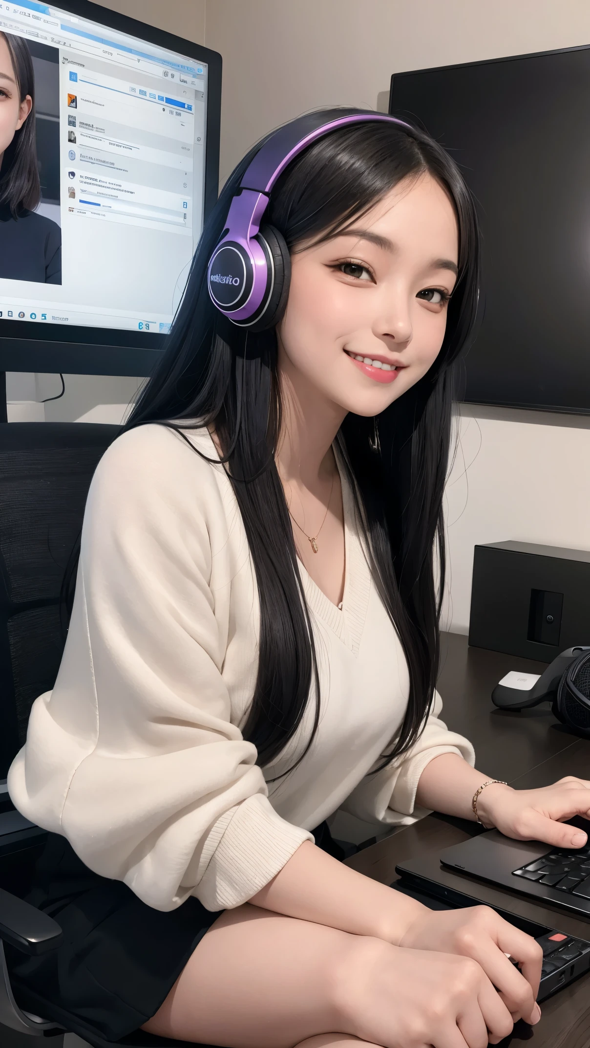 A sexy woman sitting at a desk with a laptop and microphone, sitting in front of a microphone, Twitch streamer, Twitch streamer/gamer Ludwig, giving an interview, accurate portrait, taking control while smiling, H3H3, with a happy expression, accurate representation, in front of a computer, trending art, Shutterstock, studio shot, very expressive, realistic anime, drawn,