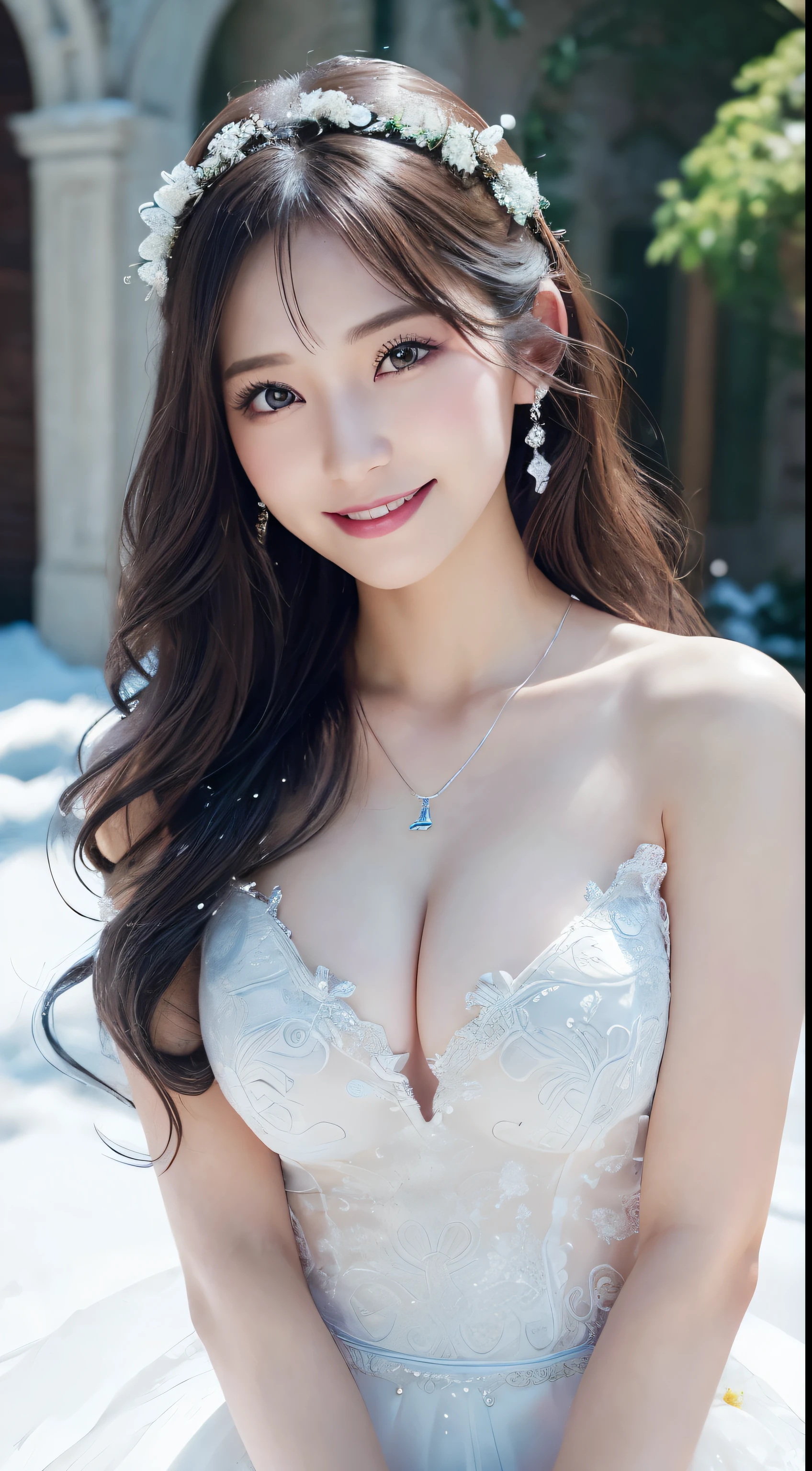 innocent 20 year old girl、((Woman in snow white wedding dress、gorgeous hair decoration、Glittering necklace、shy smile,dramatic pose)),shy smile,shortcut,Beautiful church wedding background,Raw photo, (8K、highest quality、masterpiece:1.2)、(intricate details:1.4)、(photorealistic:1.4)、octane rendering、Intricate 3D rendering super detailed, studio soft light, rim light, vivid details, super detail, realistic skin texture, detail face, beautiful detail eyes, Highly detailed CG Unity 16k wallpaper, Makeup, (Detailed background:1.2), shiny skin, whole body、Draw from head to thighs、cleavage,((Pinch your chest with your arms,stand with legs apart))