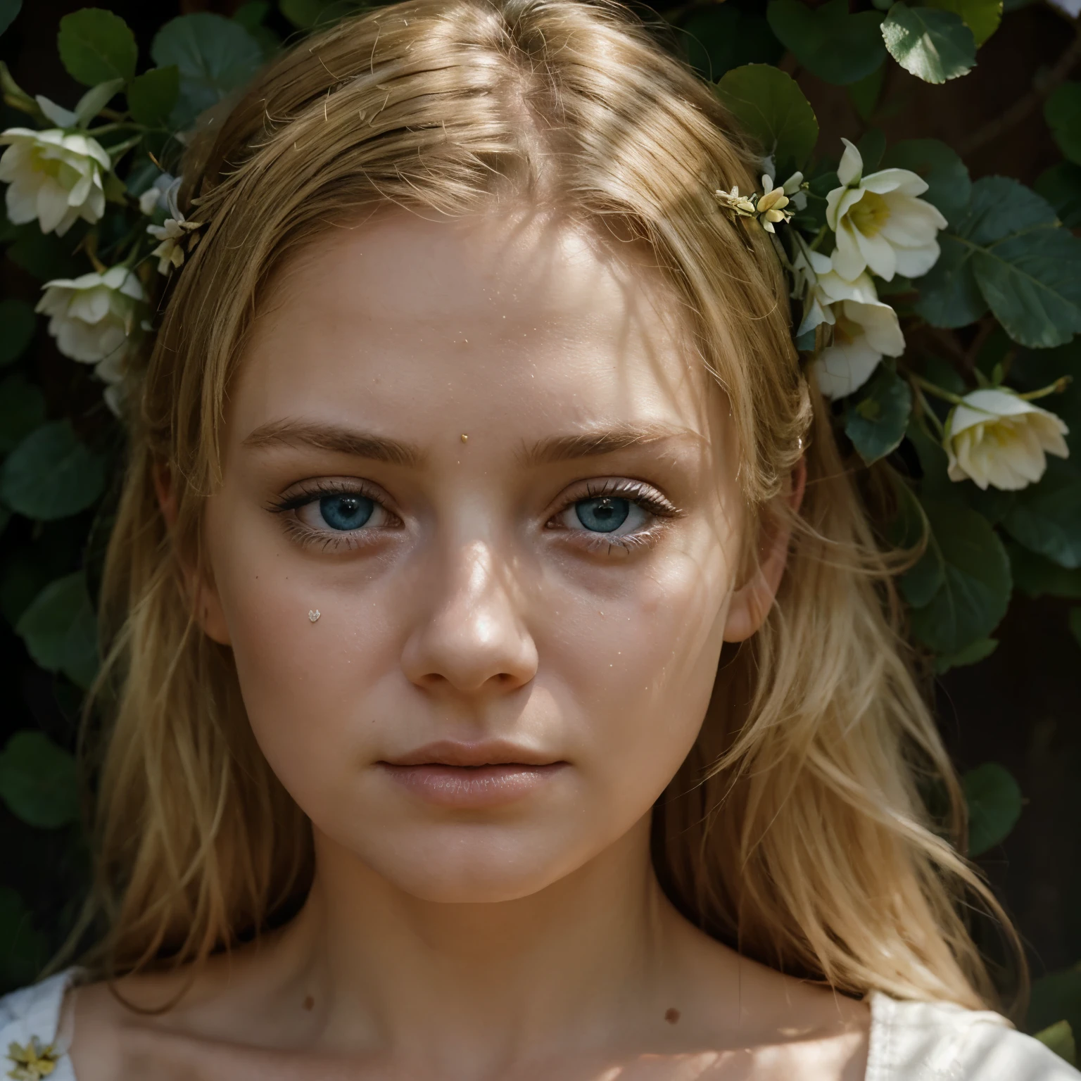 top quality, woman, hard light, blonde hair, blue eyes, sorrow, crying, strong light, light from left side, in garden, flowers around face, shadows around head, leaves on top of head, ultra realistic, face portrait, detailed eyes, flowers, beautiful, super realistic