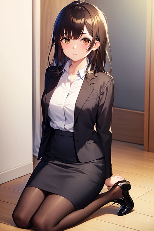 1girl, sayu ogiwara, suit, office lady, black skirt, black blazer, pencil skirt, long skirt, white shirt, collared shirt, long hair, teenager, looking at viewer, full body