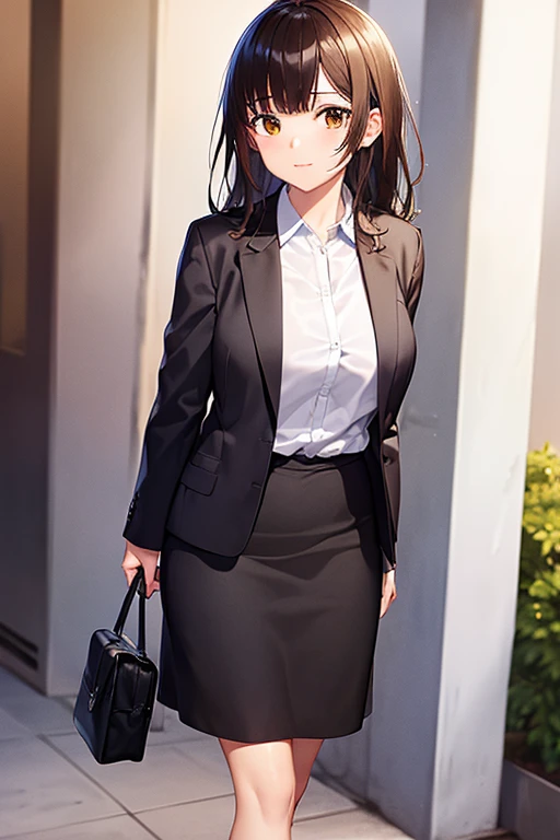 1girl, sayu ogiwara, suit, office lady, black skirt, black blazer, pencil skirt, long skirt, white shirt, collared shirt, long hair, teenager, looking at viewer, full body