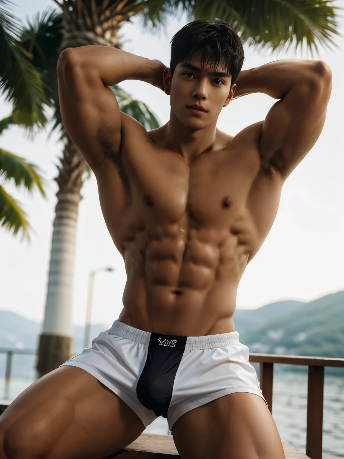 1boy, vietnamese male, a handsome muscular boy, 18 years old male model, athletic physique, wearing nothing, completely naked , Realistic, fully naked, nude, perfect , male , correct male scrotum, perfect scrotum, male structure, correct male genitelia, huge and veiny male genitelia, hard male genitalia, erect male genitalia, erection, posing and flexing, dynamic poses, most strongest pose, very beautiful, lean muscles, wide shoulders, narrow waist, puffy chest, dark nipples, sexy and cute, mesomorph body type, smooth hair, short hair, detailed eyes, confident cocky smile, sly, mischievous, modeling, posing, huge bulge, bulge, perfect hands, pubic hair, sexy and cute, realistic skin, smooth, dark skin, aesthetics, perfect hands, by adonisjing, photorealistic, masterpiece, highest quality, perfect lightings, outdoors