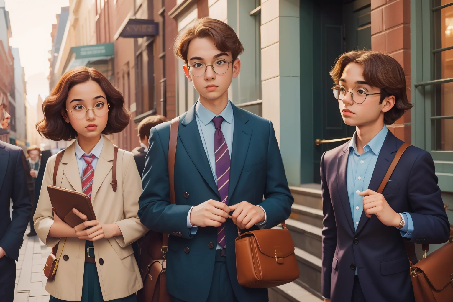 The Upper West Side Mystery Solvers: Craft an image of a teenage boy with glasses and a messenger bag, leading a mystery-solving club through the Upper West Side. The brownstones and bustling streets create an urban backdrop for the detective adventures inspired by Enid Blyton's tales. Illuminate the scene with Wes Anderson's playful color palette, adding a touch of whimsy to the investigative spirit.