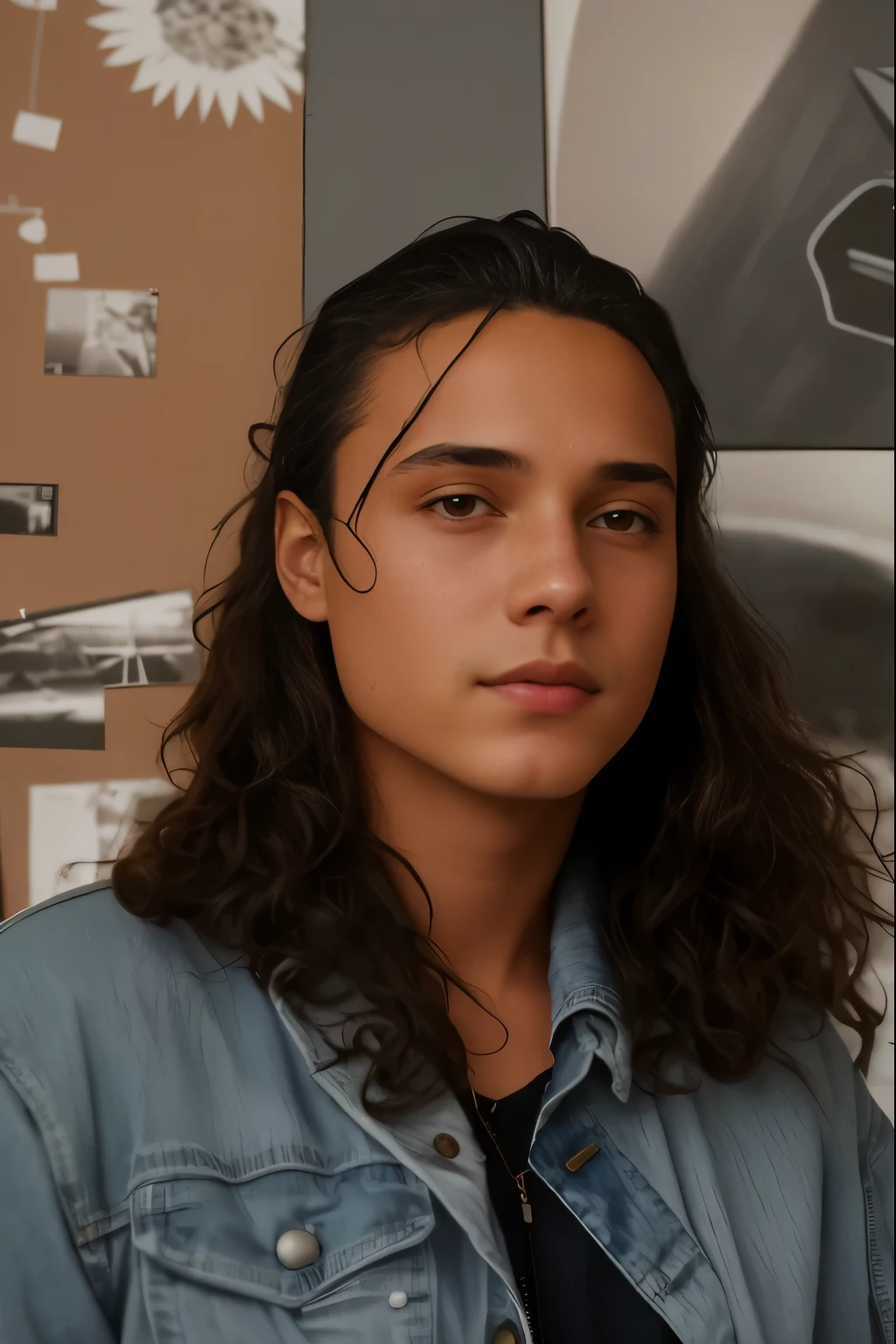 there a woman standing in front of a wall with a cell phone, young with long hair, tommy 1 6 , frank dillane, beautiful young prince, frank dillane as puck, a black man with long curly hair, 1 9 8 0 s mullet haircut, profile photo, julian calle, frank dillane as a satyr, with long curly hair, wearing blue jean jacket,