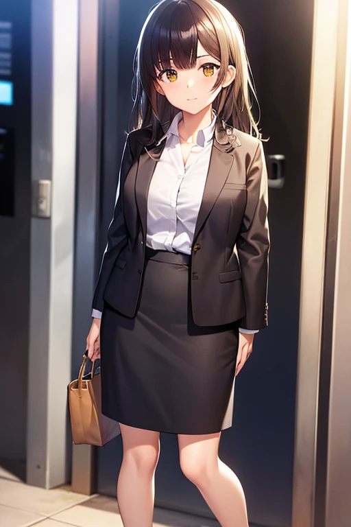 1girl, sayu ogiwara, suit, office lady, black skirt, black blazer, pencil skirt, long skirt, white shirt, collared shirt, long hair, teenager, looking at viewer, full body