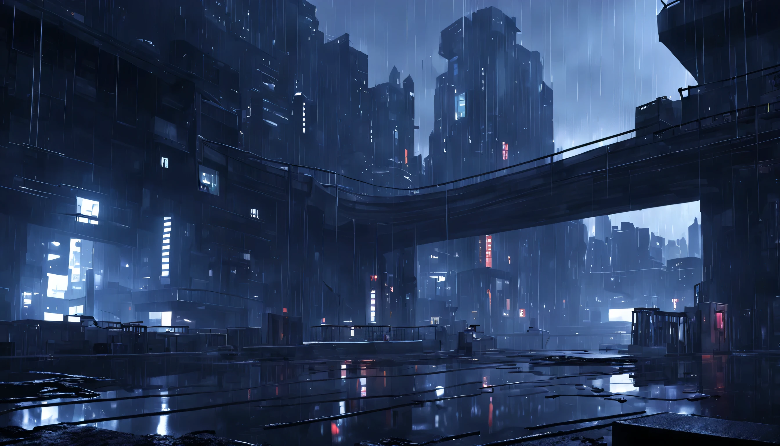a very dark abandoned futuristic city, rainy night
