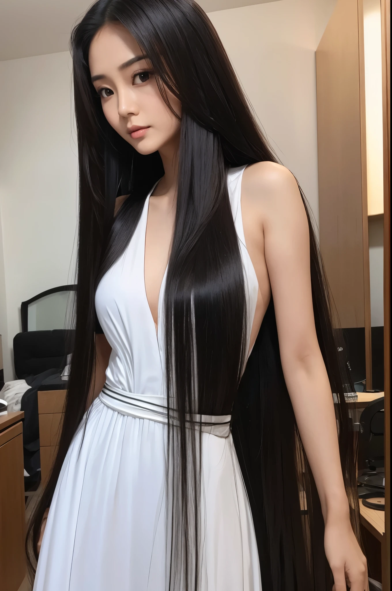 Realistic photo of myanmar actress ei chaw po(1 cute myanmar actress) long straight hair, thin makeup, medium breasts, long dress, close up, Canon EOS clear facial features 8K high resolution, sharp detail, realistically, waist long hair, girl with super long hair, extremely long hair, extra long hair, very long hair, long hairs, very long black hair, very long flowing hair, long hair, pretty long hair, south east asian with long, long hair!!!!