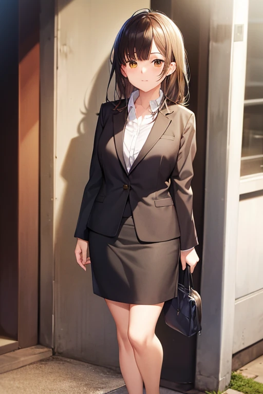 1girl, sayu ogiwara, suit, office lady, black skirt, black blazer, pencil skirt, long skirt, white shirt, collared shirt, long hair, teenager, looking at viewer, full body