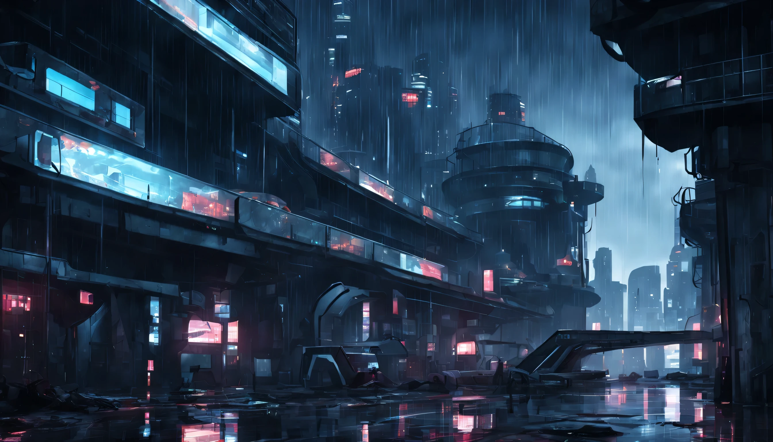 very dark abandoned futuristic city, rainy night 

