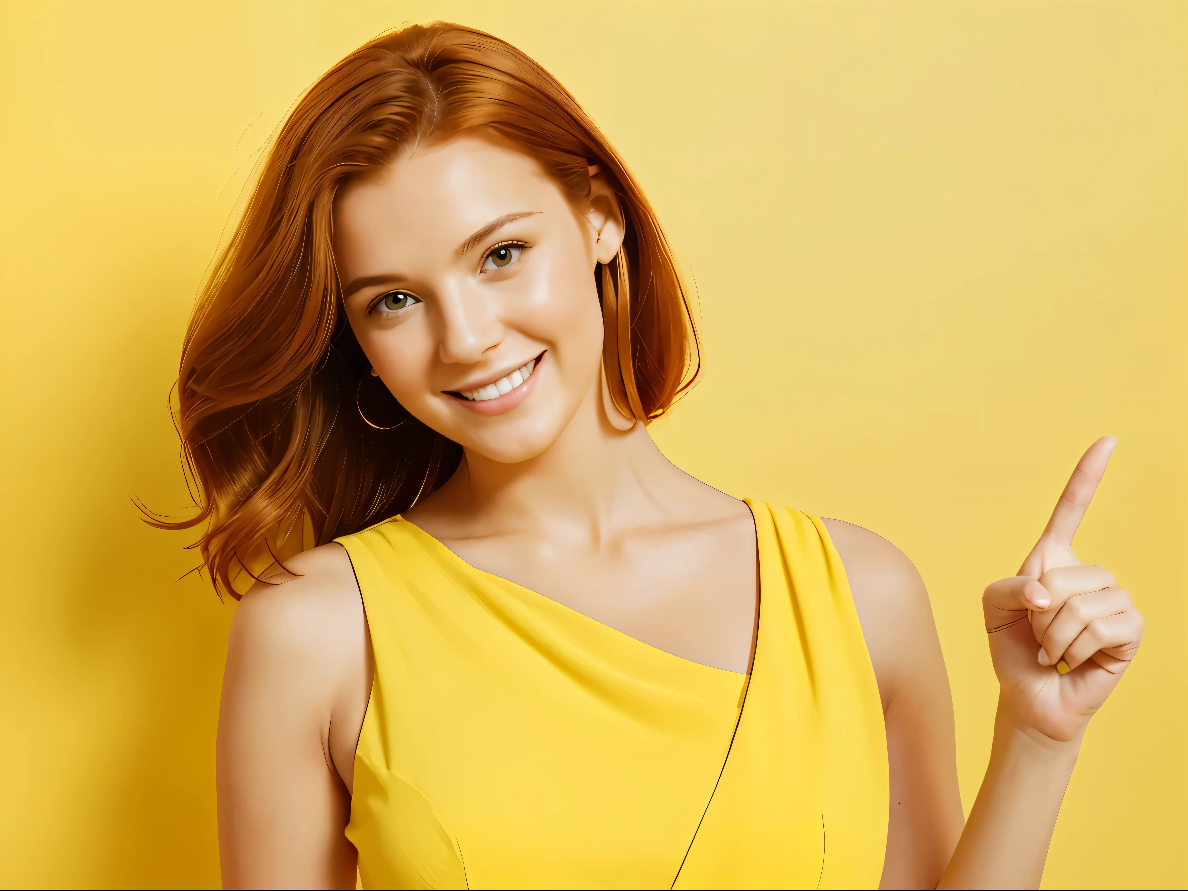 (1 chica), Photo studio, woman on the side of the image pointing to the left with her finger and index finger extended wearing a yellow dress with a completely yellow minimalist wall background, La mujer es hermosa, ella tiene el pelo rojizo. la mujer esta sonriendo, la mano es visible, ella esta apuntando. Imagen publicitaria. mano perfecta.