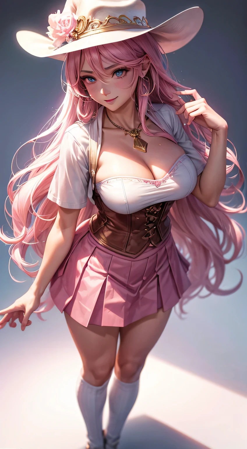 (best quality:1.5, highres, UHD, 4K, detailed lighting, shaders), white wavy hair, gradient hair, large breasts, pink shirt, pink skirt jeans, mature woman , pink Witcher hat, (pov), white background, colorful red eyeshadow, dramatic lighting, smile eyepression, golden earrings, flowing hair, delicate facial features, soft skin, high cheekbones, white background, stand up, lean forward, full body