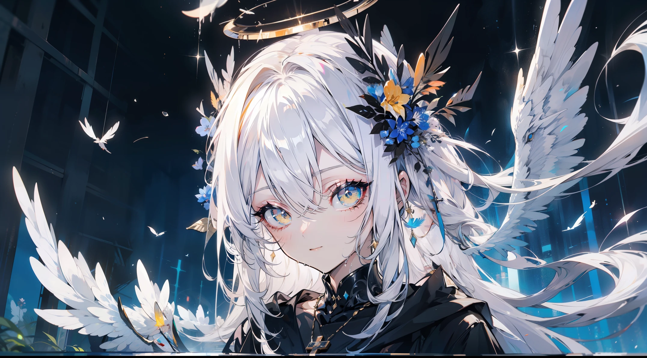 (((tmasterpiece))), (((best qualtiy)))), offcial art, the Extremely Detailed CG Unity 8K Wallpapers, ((sketching))), the night, Sateen, Beautiful detailed sky, beautiful detailed water, GameCG, hugefilesize, sketching, 独奏, Girl,angelicales, long whitr hair, whaite hair, Wet hair, hair between eye, Hair behind the ears, white colored eyelasheeatiful detailed eyepressionless eyes, yellow eyes, half closed eyes, shoe, The halo, Cross necklace, looking-down,blown hair, Feather ornament, leaf hair ornament, ln the forest, by lake, ((flatchest))), (((Black robe))), longer sleeveandagens, white blindfold, elvish ears, (((Golden wingenghuang,Phoenix wings,holy rays