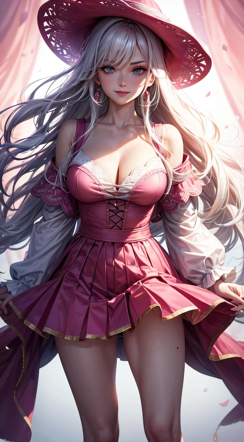 (best quality:1.5, highres, UHD, 4K, detailed lighting, shaders), white wavy hair, gradient hair, large breasts, pink shirt, pink skirt jeans, mature woman , pink Witcher hat, (pov), white background, colorful red eyeshadow, dramatic lighting, smile eyepression, golden earrings, flowing hair, delicate facial features, soft skin, high cheekbones, white background, stand up, lean forward, full body