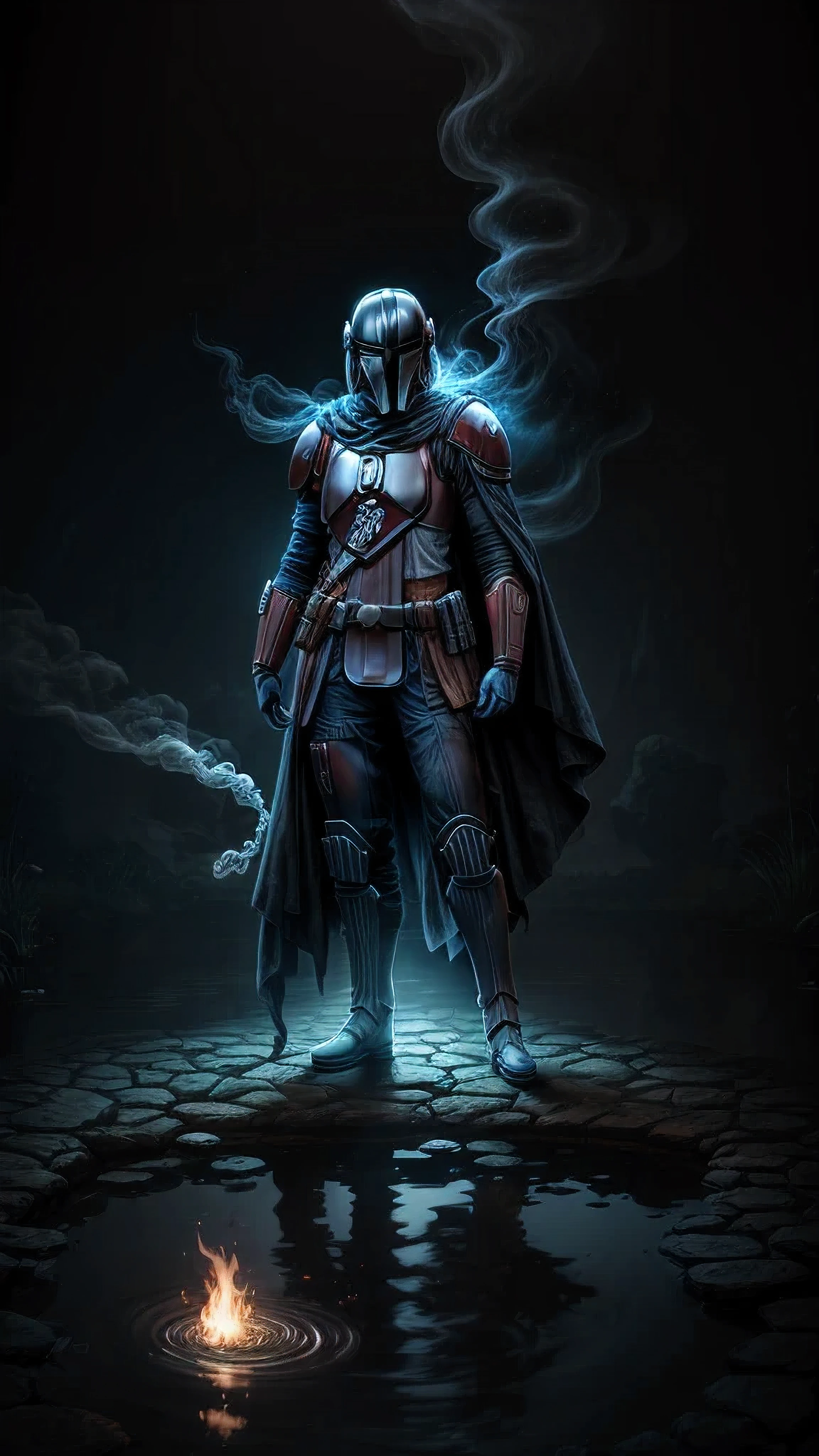 close up, Mandalorian from Star Wars, Ghost, Dark, gotik, 3d, Ultra Detailed, blue transparent smoke around, realistic style, Old Night Pond, full - body,