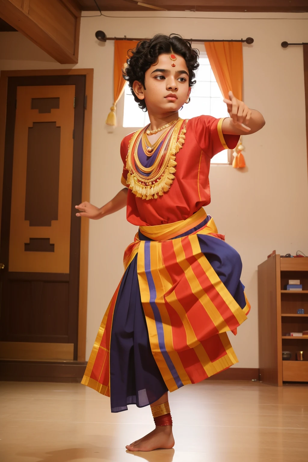 The Mumbai Dance Ensemble Rehearsal: Craft an image of a  boy with curly black hair, wearing vibrant traditional Indian dance attire, practicing intricate dance moves in a Mumbai studio. The studio is adorned with colorful fabrics and traditional instruments, embodying the cultural richness found in Enid Blyton's tales. Capture the lively rehearsal with Wes Anderson's vivid and energetic color palette, celebrating the fusion of tradition and modernity.