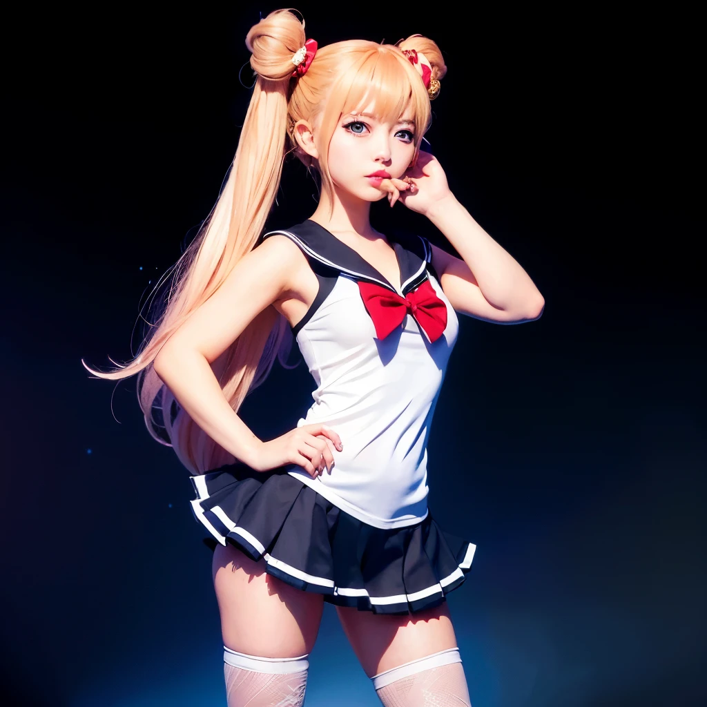 街のスカイラインを見下ろす手すりの上でポーズをとるsailor suitの金髪の女の子, anime girl ,  photograph, anime , sailor moon style, Ann Takamaki from Persona 5, Ayaka , sailor suit, junko enoshima, azur lane style, twin tails, sailor moon!!!!!!!!, - Artist: sailor moon, anime girl in real life, Advertisement 
