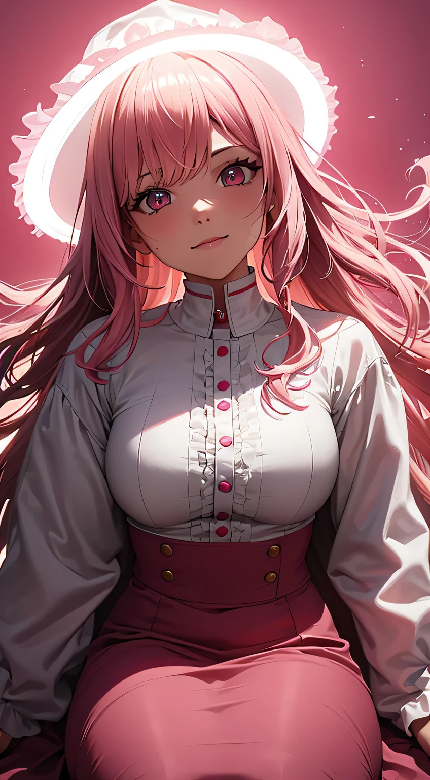 (best quality:1.5, highres, UHD, 4K, detailed lighting, shaders), white wavy hair, gradient hair, large breasts, pink shirt, pink skirt jeans, mature woman , pink Witcher hat, (pov), white background, colorful red eyeshadow, dramatic lighting, smile eyepression, golden earrings, flowing hair, delicate facial features, soft skin, high cheekbones, white background, stand up, lean forward, full body